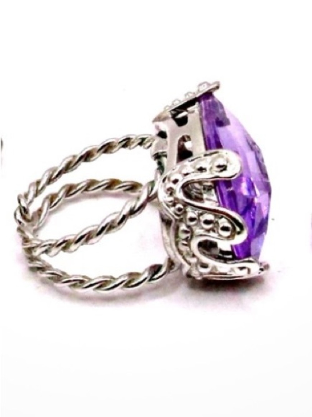 Vintage Purple Amethyst Rhinestone Adjustable Silver Tone Statement Ring - Picture 2 of 9